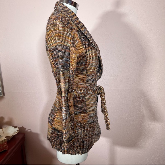 Vintage 60 70 Mod Patchwork Plaid Brown Burnt Orange Tie waist Cardigan Sweater - Picture 11 of 16